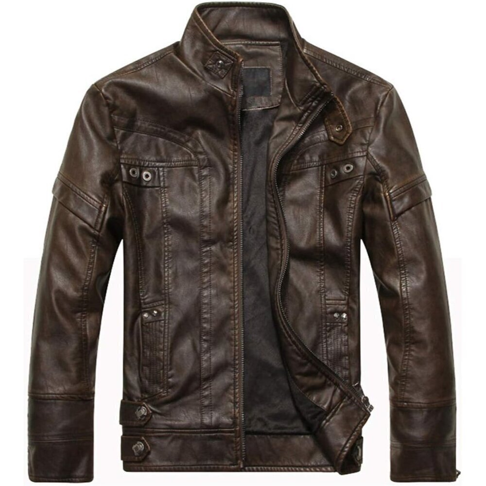 Men's Brown Vintage Stand Collar Motorcycle PU Faux Leather Jacket and Coat
